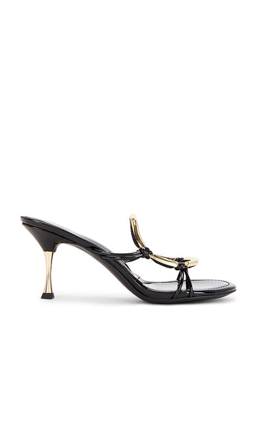 Jeffrey Campbell Alani Sandal in Black | Black Patent Gold Open Toe Heels for Women