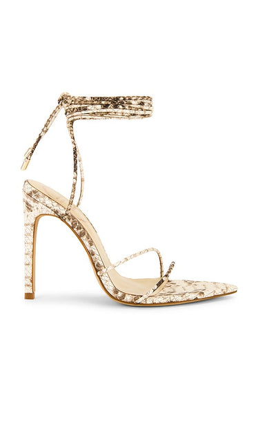 Michael Costello x REVOLVE Diego Heel in Beige | Snakeskin Heeled Sandals for Women