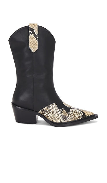 Nakedvice The Maeve Boot in Black | Black & Snake Heeled Boots for Women