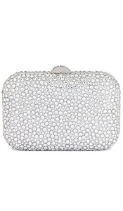 olga berg Casey Hot Fix Encrusted Clutch in Metallic Silver