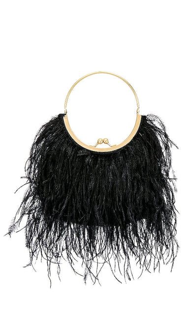 olga berg Penny Feathered Frame Bag in Black - olga berg - Penny - Sac à cadre à plumes noir - olga berg Penny 黑色羽毛框架包 - Olga Berg Penny Feathered Frame Bag in Schwarz - olga berg 페니 페더드 프레임 백블랙 색상 - Olga Berg Borsa Penny con telaio piumato in nero