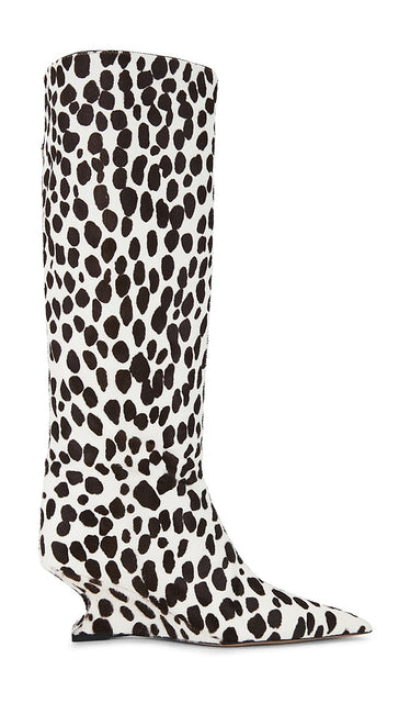 Paris Texas Nina Calf Hair Boot 50 in White,Black | White Cheetah Heeled Boots for Women