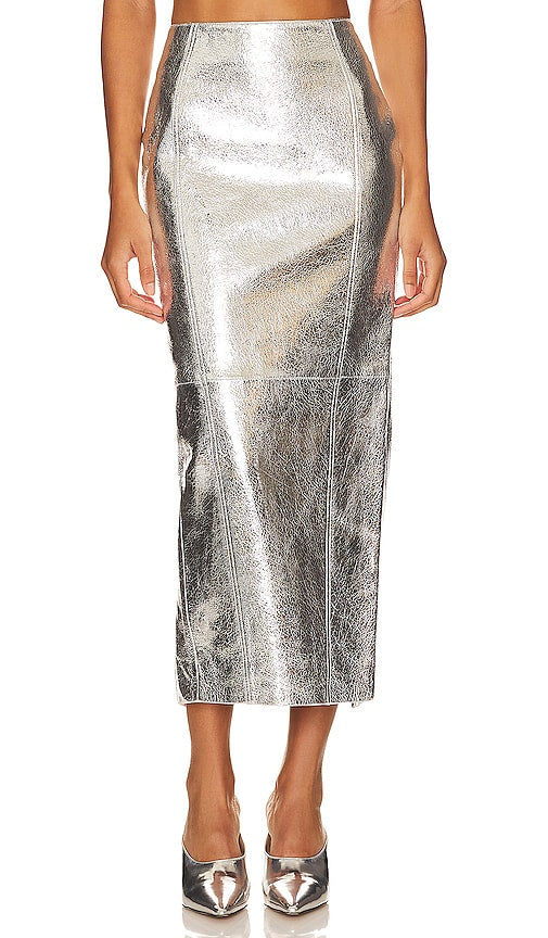 retrofete Liza Leather Skirt in Metallic Silver - retrofete Jupe en cuir Liza en argent métallisé - 金属银色 Retrofete Liza 皮裙 - retrofete Liza Lederrock in Metallic-Silber - Retrofete Liza 가죽 스커트 - retrofete Gonna in pelle Liza in argento metallizzato