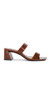Schutz Chantal Mid Sandal in Brown | Caramel Top Open Toe Heels for Women