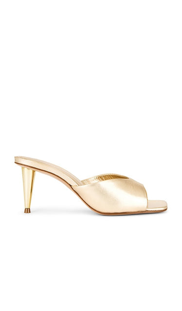Schutz Dethalia Pin Heel Sandal in Metallic Gold | Platina Open Toe Heels for Women