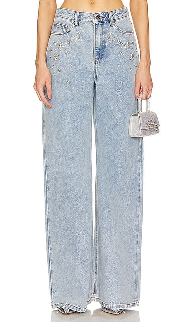 self-portrait Embellished Wide Leg in Blue - autoportrait jambe large ornée en bleu - 蓝色自画像装饰阔腿裤 - Selbstporträt mit verziertem weitem Bein in Blau - self-portrait 임벨리쉬드 와이드 레그 블루 색상 - autoritratto Gamba larga impreziosita in blu