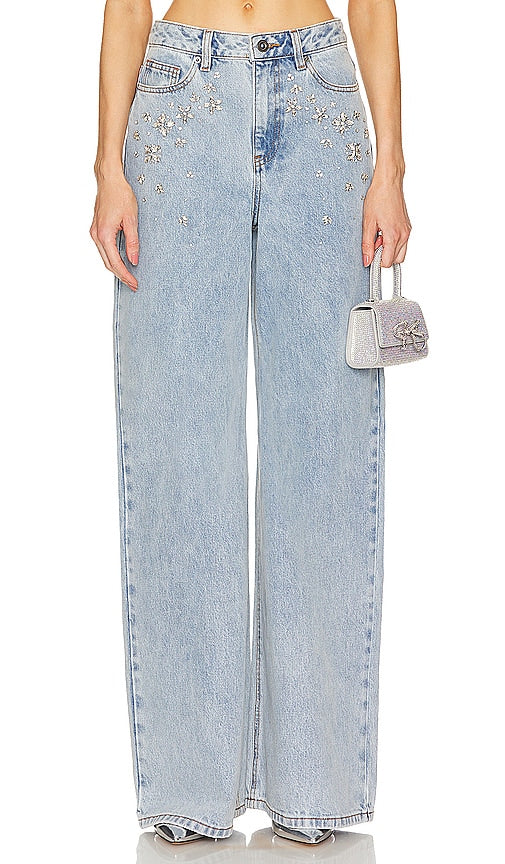 self-portrait Embellished Wide Leg in Blue - autoportrait jambe large ornée en bleu - 蓝色自画像装饰阔腿裤 - Selbstporträt mit verziertem weitem Bein in Blau - self-portrait 임벨리쉬드 와이드 레그 블루 색상 - autoritratto Gamba larga impreziosita in blu