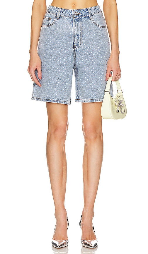 self-portrait Rhinestone Short in Blue - short strassé autoportrait en bleu - 蓝色自画像莱茵石短裤 - Selbstporträt-Strass-Shorts in Blau - self-portrait 라인스톤 쇼츠 블루 색상 - autoritratto corto con strass in blu