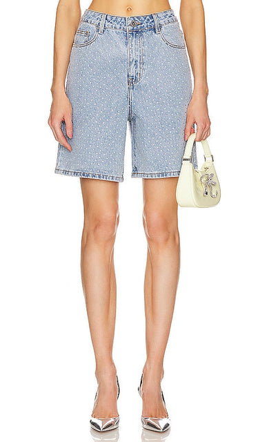 self-portrait Rhinestone Short in Blue - short strassé autoportrait en bleu - 蓝色自画像莱茵石短裤 - Selbstporträt-Strass-Shorts in Blau - self-portrait 라인스톤 쇼츠 블루 색상 - autoritratto corto con strass in blu