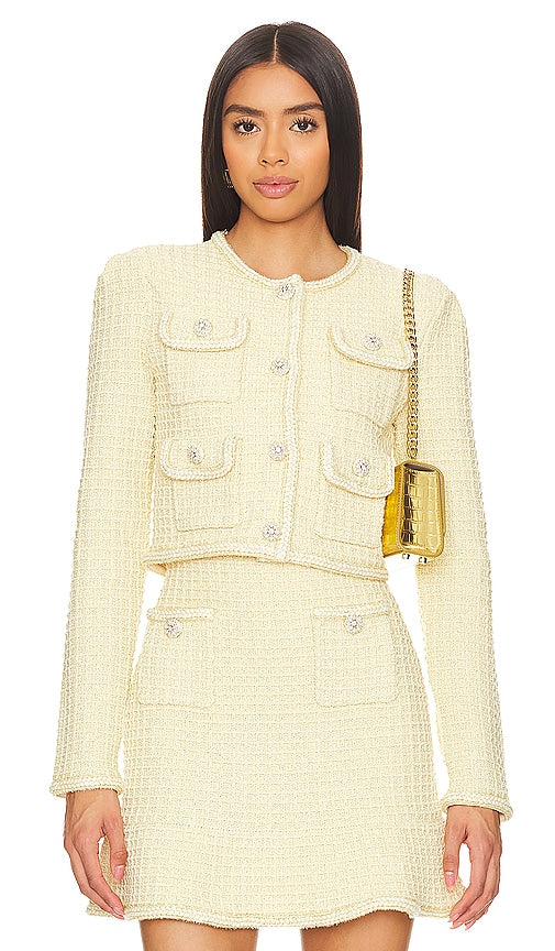 self-portrait Textured Knit Jacket in Yellow - self-portrait - Veste en maille texturée en jaune - self-portrait 黄色纹理针织夹克 - Selbstporträt Strukturierte Strickjacke in Gelb - self-portrait 텍스처드 니트 재킷 옐로우 색상 - Giacca in maglia strutturata con autoritratto in giallo