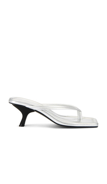 St. Agni Thong Detail Heel in Metallic Silver | Silver Heeled Sandals for Women