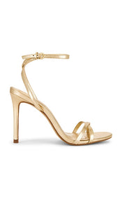 Steve Madden Jypsey Sandal in Metallic Gold | Gold Leather Open Toe Heels for Women