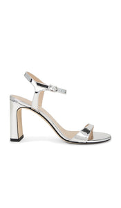 Stuart Weitzman Babette 85 Sandal in Metallic Silver | Silver Heeled Sandals for Women