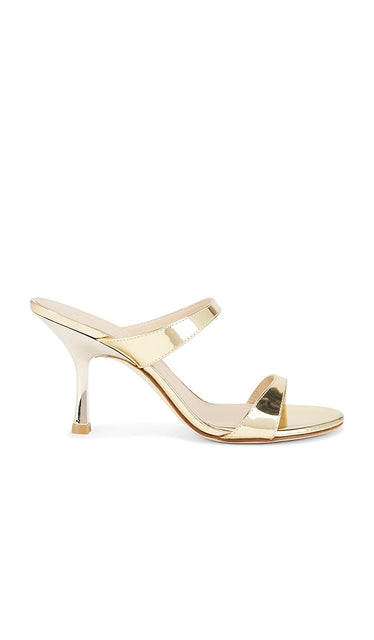 Stuart Weitzman Nudist 85 Slide in Metallic Gold, yellow | Platino Heeled Sandals for Women