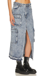 superdown Cargo Maxi Denim Skirt in Blue