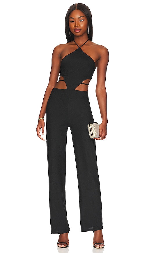 superdown Kelsie Halter Jumpsuit in Black - superdown - Combinaison dos nu Kelsie en noir - superdown Kelsie 黑色挂脖连身裤 - superdown Kelsie Neckholder-Overall in Schwarz - superdown Kelsie 홀터 점프수트 색상 - Tuta superdown Kelsie Halter in nero