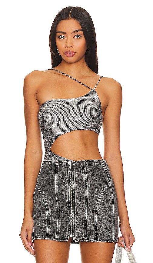 superdown Tahlia Cut Out Bodysuit in Metallic Silver - superdown Body découpé Tahlia en argent métallisé - superdown Tahlia 金属银色镂空连体衣 - superdown Tahlia Cut-Out-Body in Metallic-Silber - superdown Tahlia 컷아웃 바디수트 - Body superdown Tahlia ritagliato in argento metallizzato