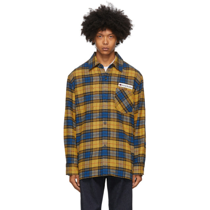 Acne Studios Yellow and Blue Flannel Logo Patch Shirt