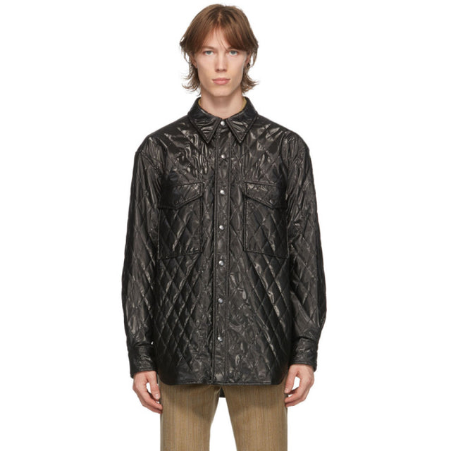 System Black Faux-Leather Quilted Shirt