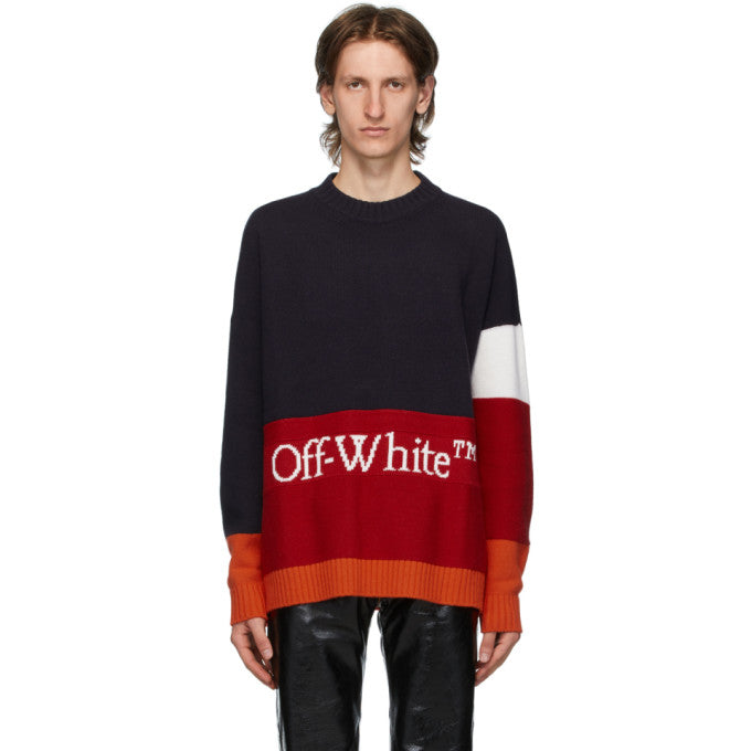 Off-White Navy and Red Color Block Sweater