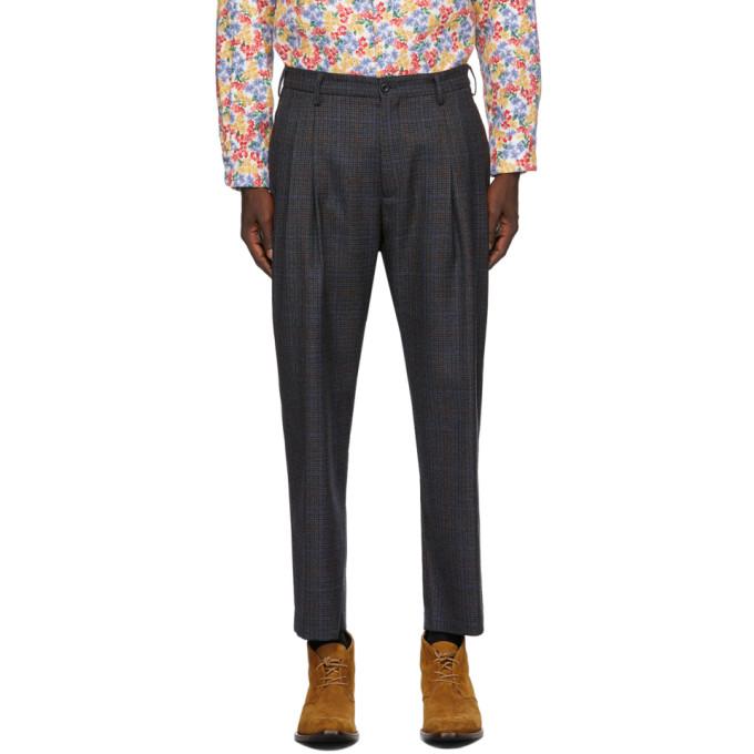 4SDESIGNS Navy Wool Check Triple Pleat Trousers