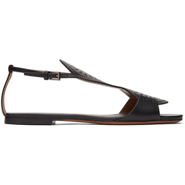 ALAÃA Black Plastron Openwork Flat Sandals - Alaã une sandales plates à plastron noir - AlaÃ 블랙 플라스 트론 Openwork 플랫 샌들