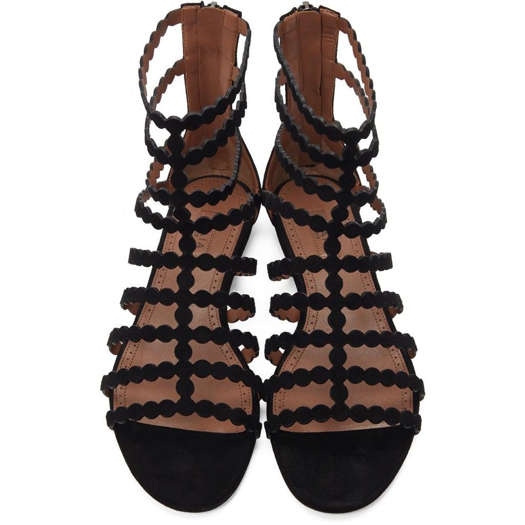 ALAÃA Black Suede Cage Flat Sandals