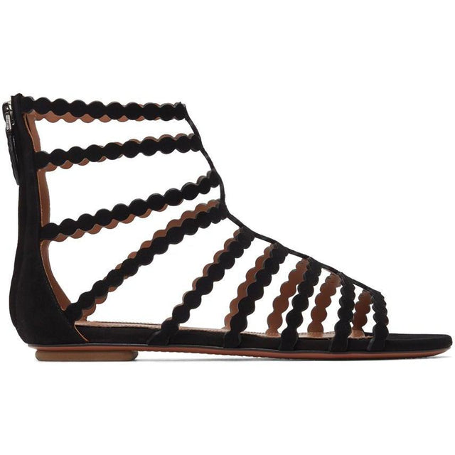 ALAÃA Black Suede Cage Flat Sandals - Alaã une cage en daim noir Sandales plates - AlaÃ 흑인 스웨이드 케이지 플랫 샌들