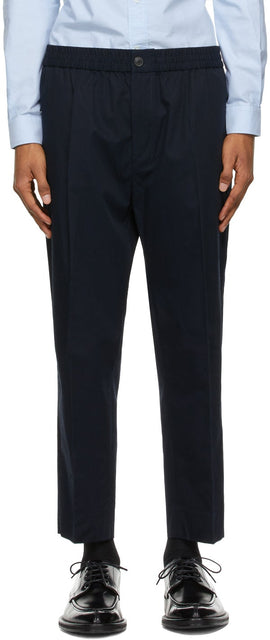 AMI Alexandre Mattiussi Navy Cropped Elasticized Waist Trousers - AMI Alexandre Mattiussi Pantalon élastiqué de taille élastiquée - Ami Alexandre Mattiussi 해군은 신축성있는 허리 바지를 잘라 냈습니다
