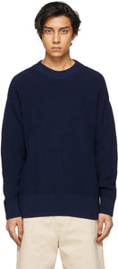 AMI Alexandre Mattiussi Navy Ribbed Boxy Sweater - AMI Alexandre Mattiussi Navy Boxy Pull Boxy - Ami Alexandre Mattiussi 해군 늑골 스웨터