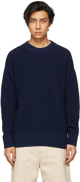 AMI Alexandre Mattiussi Navy Ribbed Boxy Sweater - AMI Alexandre Mattiussi Navy Boxy Pull Boxy - Ami Alexandre Mattiussi 해군 늑골 스웨터
