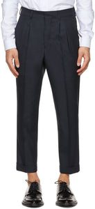 AMI Alexandre Mattiussi Navy Tropical Wool Carrot Fit Trousers - AMI Alexandre Mattiussi Navy Tropical Laine Carotte Fit Pantalon - Ami Alexandre Mattiussi 해군 열대 양모 당근 맞는 바지