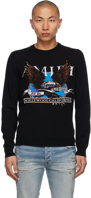AMIRI Black Cashmere Eagle Intarsia Sweater - Pull d'Intarsia Eagle Aigle d'Aigle Noir Amiri Noir - 아미리 블랙 캐시미어 독수리 intarsia 스웨터