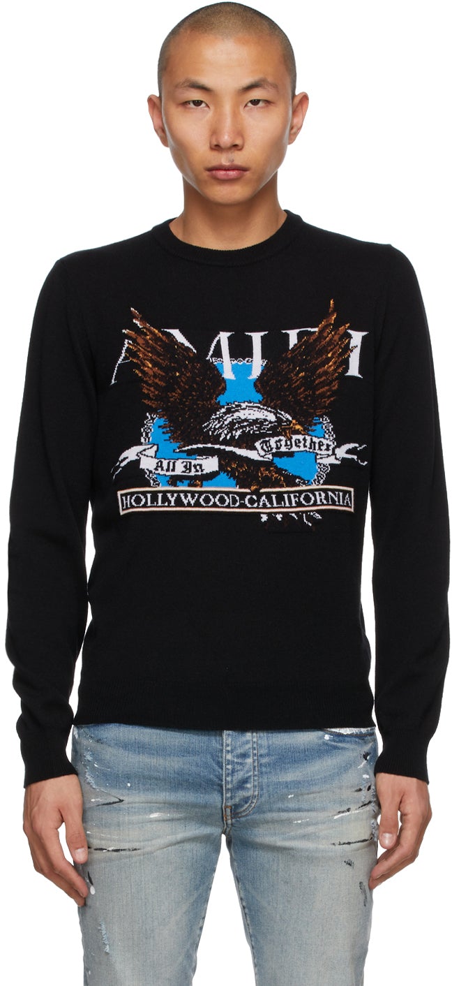 AMIRI Black Cashmere Eagle Intarsia Sweater - Pull d'Intarsia Eagle Aigle d'Aigle Noir Amiri Noir - 아미리 블랙 캐시미어 독수리 intarsia 스웨터