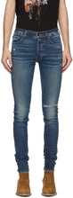 AMIRI Blue Denim Slit Knee Jeans - Jean au genou fendue d'Amiri Blue Blue - 아미리 블루 데님 슬릿 무릎 청바지