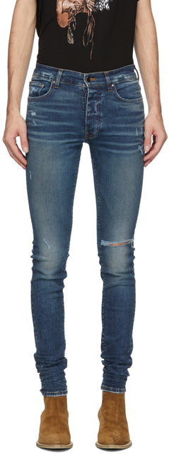 AMIRI Blue Denim Slit Knee Jeans - Jean au genou fendue d'Amiri Blue Blue - 아미리 블루 데님 슬릿 무릎 청바지