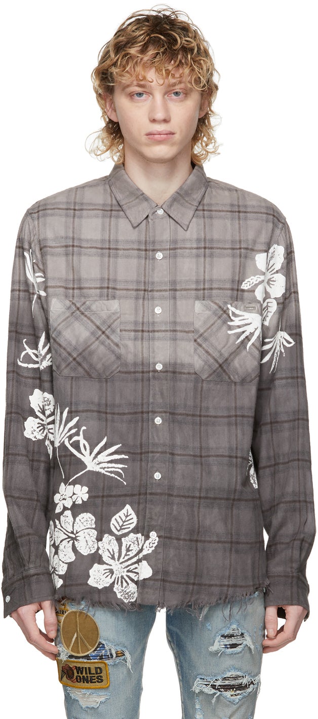 AMIRI Grey Bleach Floral Plaid Shirt - Chemise à carreaux floral d'eau de Javel gris Amiri - 아미리 그레이 표백제 꽃 격자 무늬 셔츠
