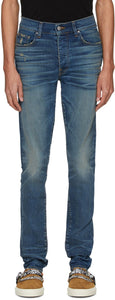 AMIRI Indigo Distressed Stack Jeans - Jean d'une pile en détresse Amiri Indigo - Amiri Indigo 고민 된 스택 청바지