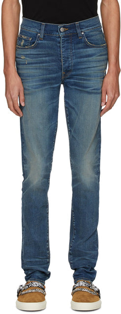 AMIRI Indigo Distressed Stack Jeans - Jean d'une pile en détresse Amiri Indigo - Amiri Indigo 고민 된 스택 청바지