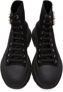 Alexander McQueen Black Canvas Pearl Tread Slick Boots