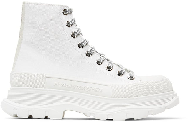 Alexander McQueen SSENSE Exclusive White Canvas Tread Slick Boots - Alexander McQueen Ssense EXCLUSIVE Toile blanche SACHING BOOTS SLICK - Alexander McQueen Ssense 독점 화이트 캔버스 트레드 슬릭 부츠