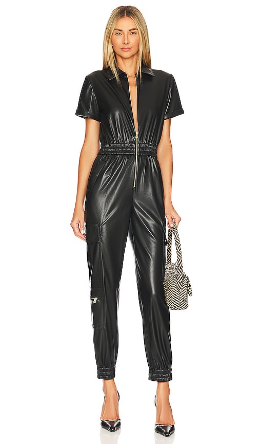 Alice + Olivia Levi Vegan Leather Cargo Jumpsuit in Black