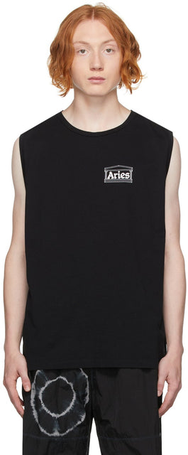 Aries Black Low Armhole Muscle Sleeveless T-Shirt - T-shirt sans manches de muscle noir noir BLOI - 양자리 흑인 낮은 암 구멍 근육 민소매 티셔츠
