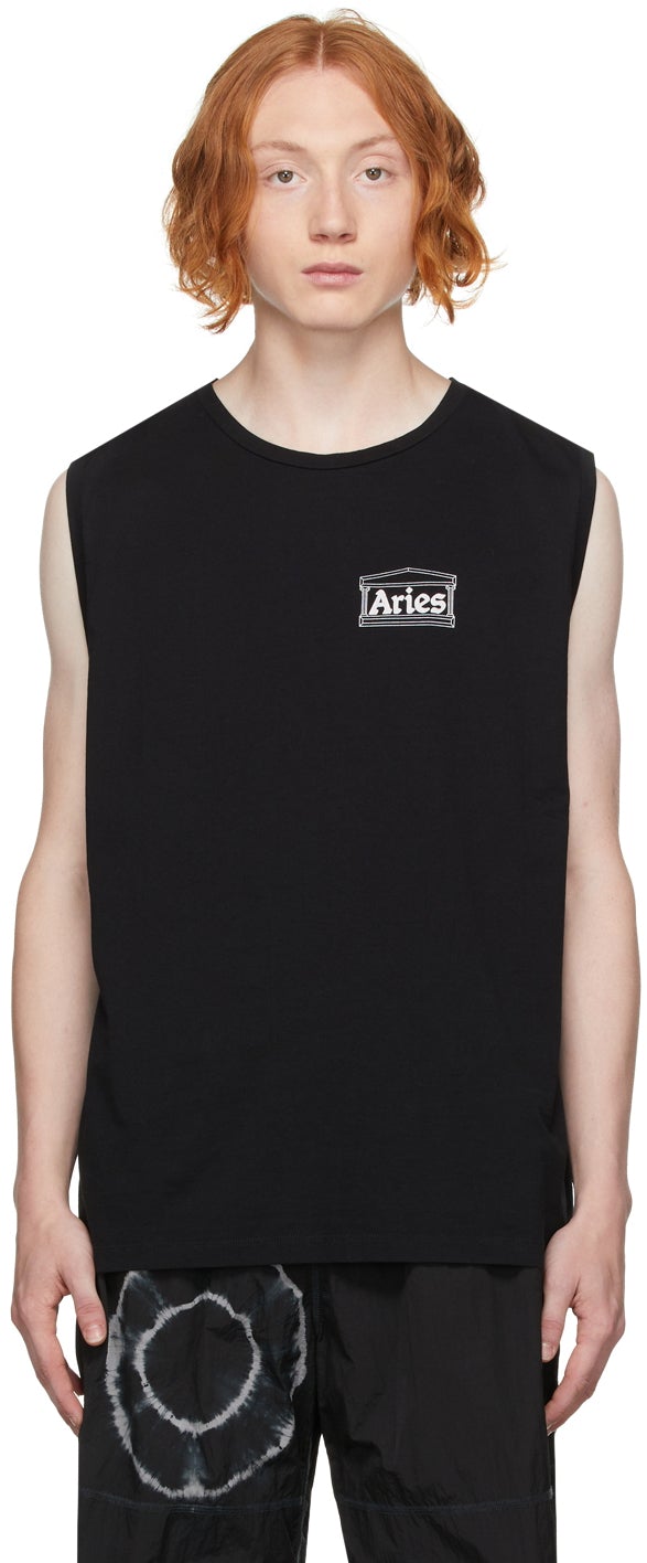 Aries Black Low Armhole Muscle Sleeveless T-Shirt - T-shirt sans manches de muscle noir noir BLOI - 양자리 흑인 낮은 암 구멍 근육 민소매 티셔츠