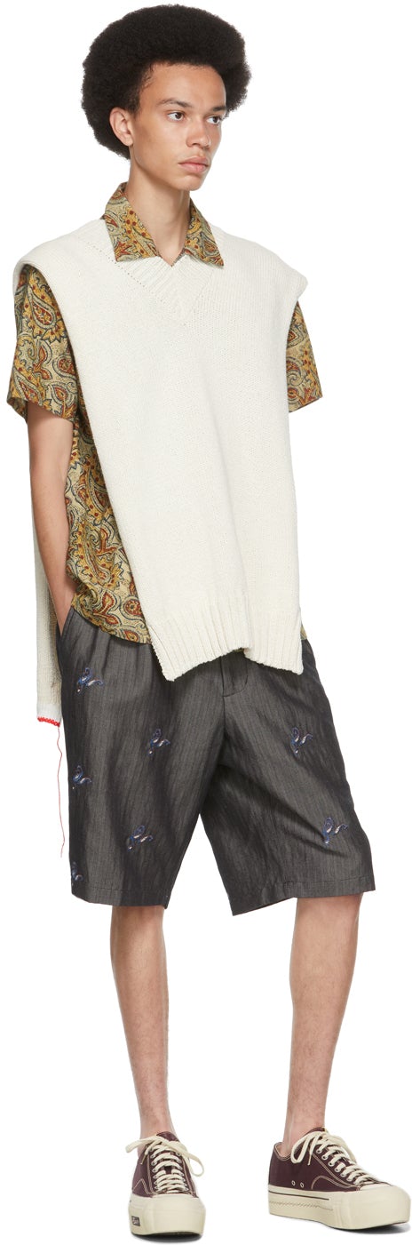 BEAMS PLUS Beige Block Print Open Collar Short Sleeve Shirt