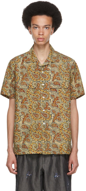 BEAMS PLUS Beige Block Print Open Collar Short Sleeve Shirt - Beams Plus Beige Bloc impression Collier ouvert Chemise à manches courtes - 빔 플러스 베이지 블록 인쇄 오픈 칼라 짧은 소매 셔츠