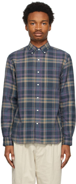 BEAMS PLUS Blue Check Button-Down Shirt - Bouton Bouton Vérifiez Bleue Bleue - 빔 플러스 블루 체크 버튼 다운 셔츠