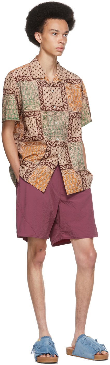 BEAMS PLUS Brown Block Print Open Collar Short Sleeve Shirt