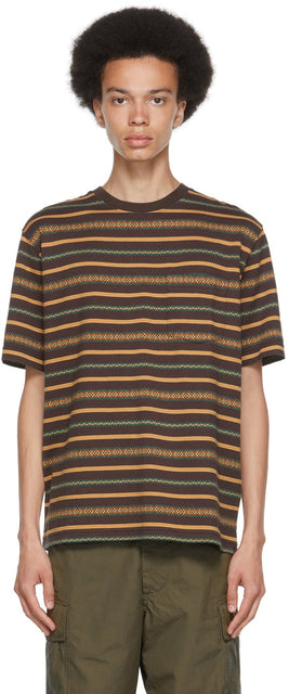BEAMS PLUS Brown Jacquard Stripe Pocket T-Shirt - T-shirt de poche jacquard jacquard brun et brun - 빔 플러스 브라운 자카드 스트라이프 포켓 티셔츠