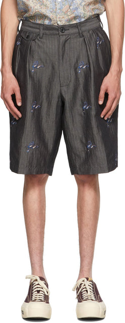 BEAMS PLUS Grey Herringbone Two-Pleated Embroidered Shorts - Beams Plus Shorts brodés à deux plisses de Herringbone gris - 빔 플러스 회색 헤링본 2 주추 수 놓은 반바지